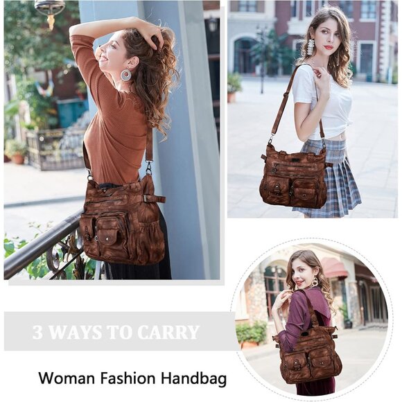 Women’s Soft Leather Hobo Satchel Crossbody Tote Bag with Multiple Pockets - Picture 7 of 7